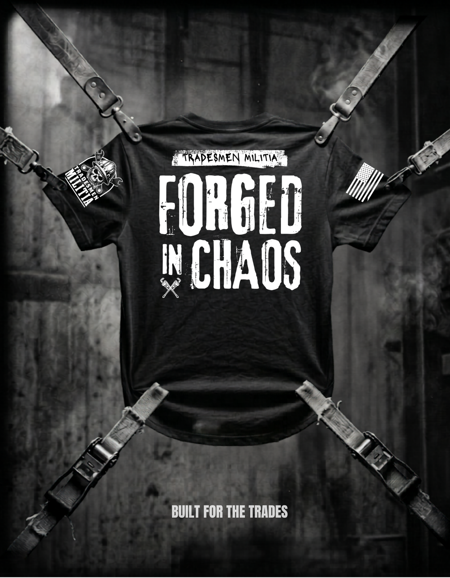 Black t-shirt with 'Tradesmen Militia Forged in Chaos' text and logos on a dark background